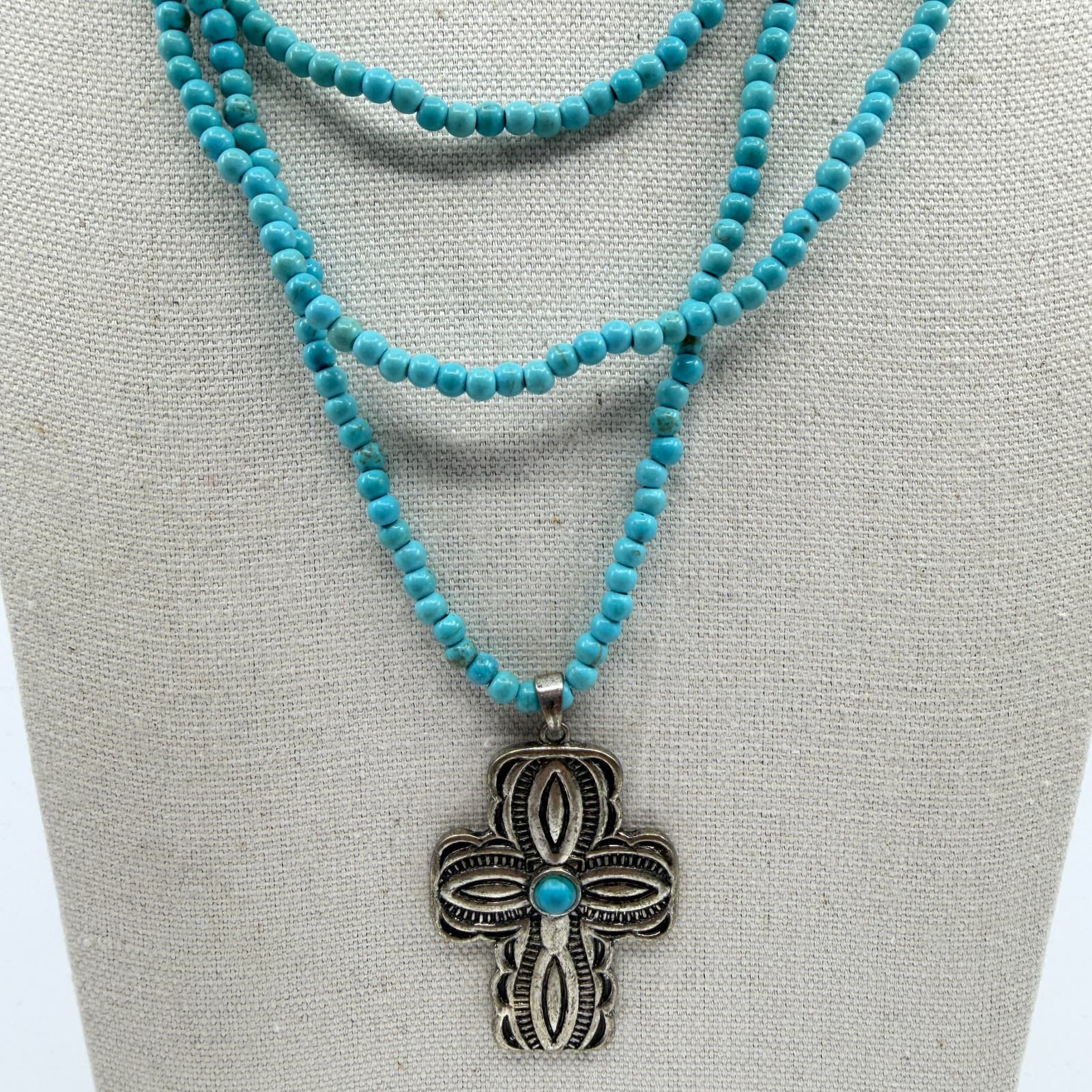Southwestern Style Turquoise Bead Multi-Strand Cross Pendant Necklace Statement - Thumbnail 4