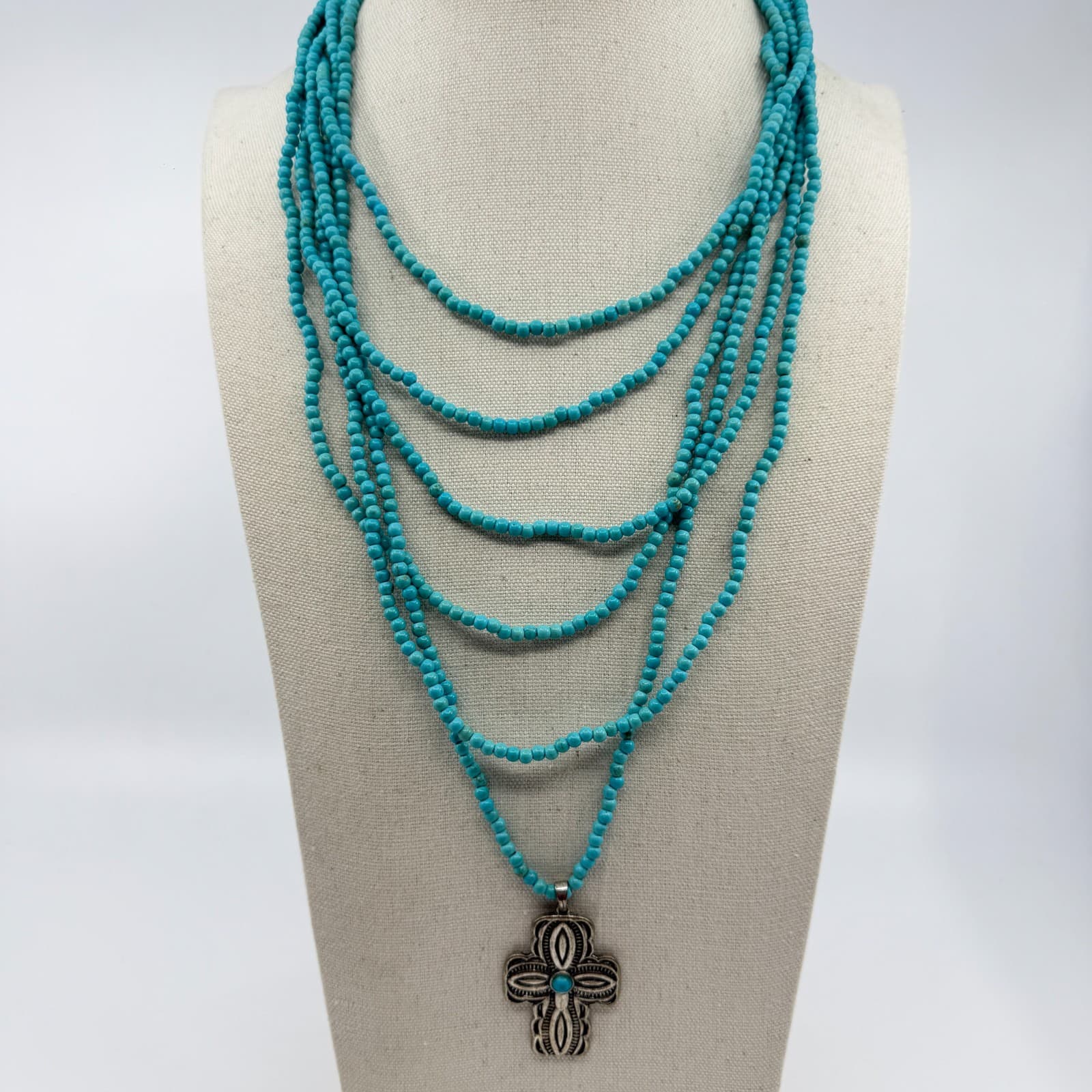 Southwestern Style Turquoise Bead Multi-Strand Cross Pendant Necklace Statement - Thumbnail 9