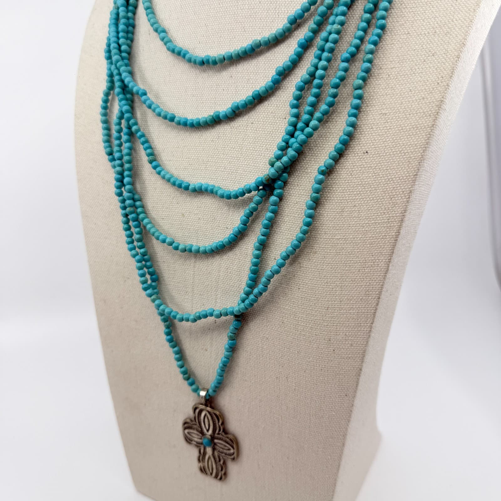 Southwestern Style Turquoise Bead Multi-Strand Cross Pendant Necklace Statement - Thumbnail 8