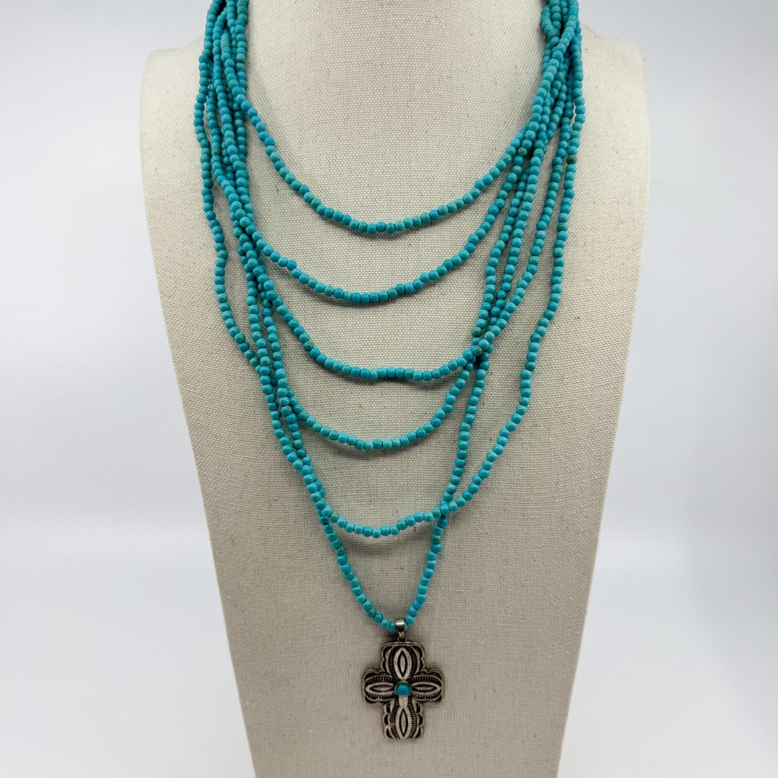 Southwestern Style Turquoise Bead Multi-Strand Cross Pendant Necklace Statement - Thumbnail 5
