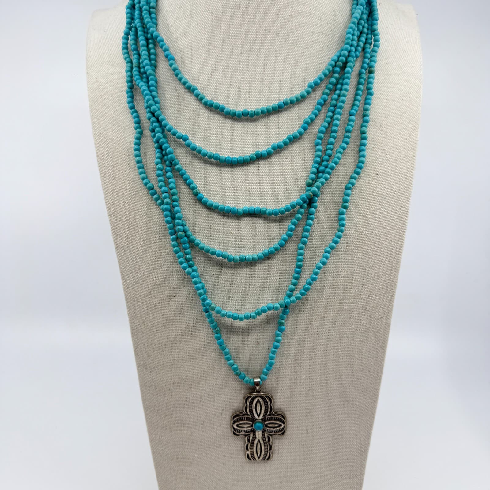 Southwestern Style Turquoise Bead Multi-Strand Cross Pendant Necklace Statement - Thumbnail 3