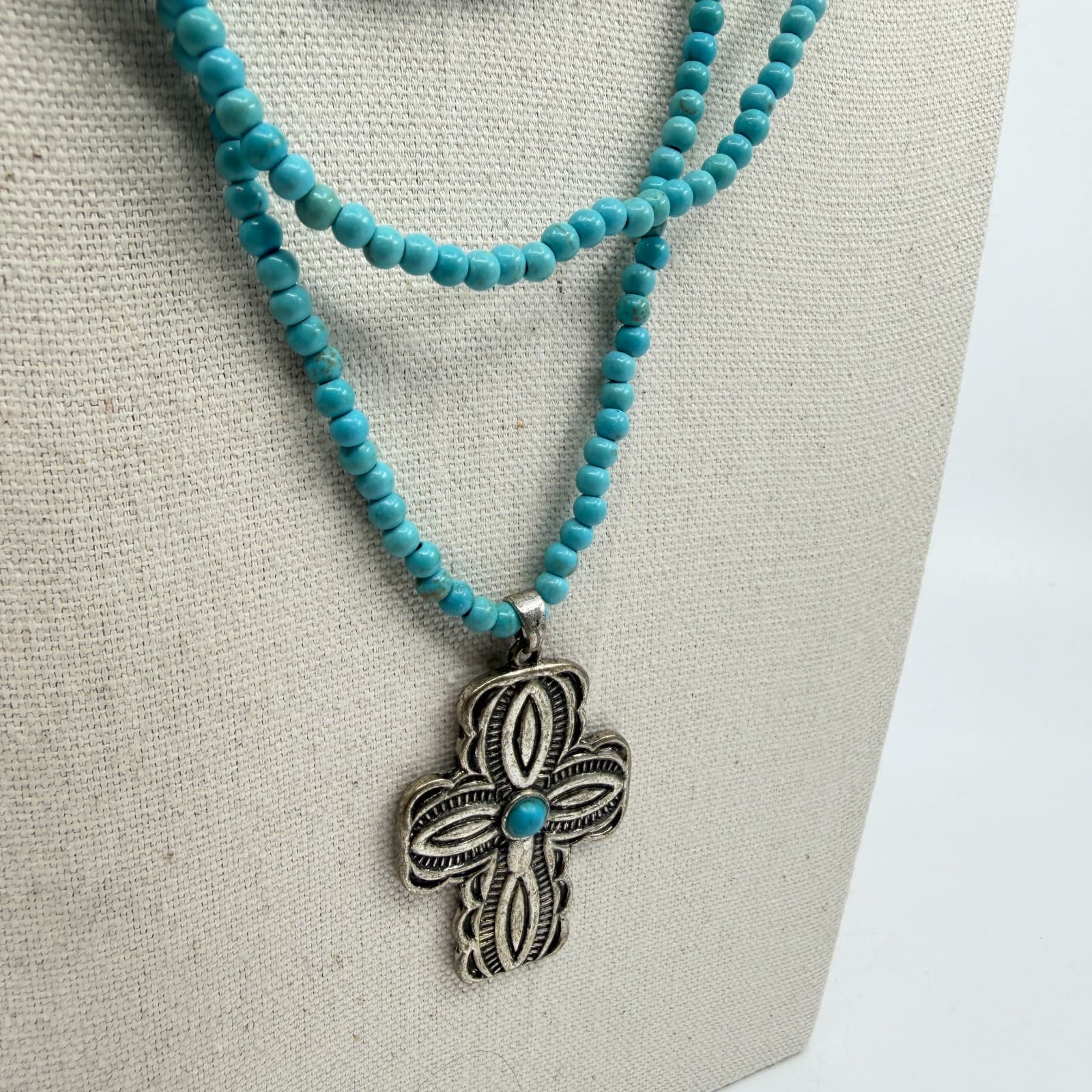 Southwestern Style Turquoise Bead Multi-Strand Cross Pendant Necklace Statement - Thumbnail 6