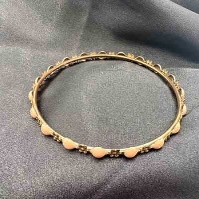 Vintage 80s Coral Cabochon Gold Tone Floral Bangle Bracelet Salmon Pink Jewelry - Thumbnail 5