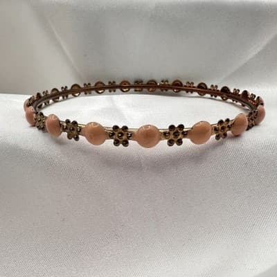 Vintage 80s Coral Cabochon Gold Tone Floral Bangle Bracelet Salmon Pink Jewelry - Thumbnail 3