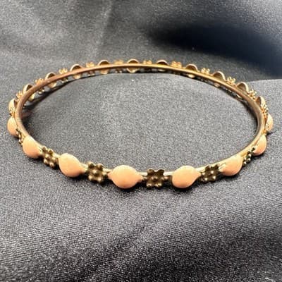 Vintage 80s Coral Cabochon Gold Tone Floral Bangle Bracelet Salmon Pink Jewelry - Thumbnail 6