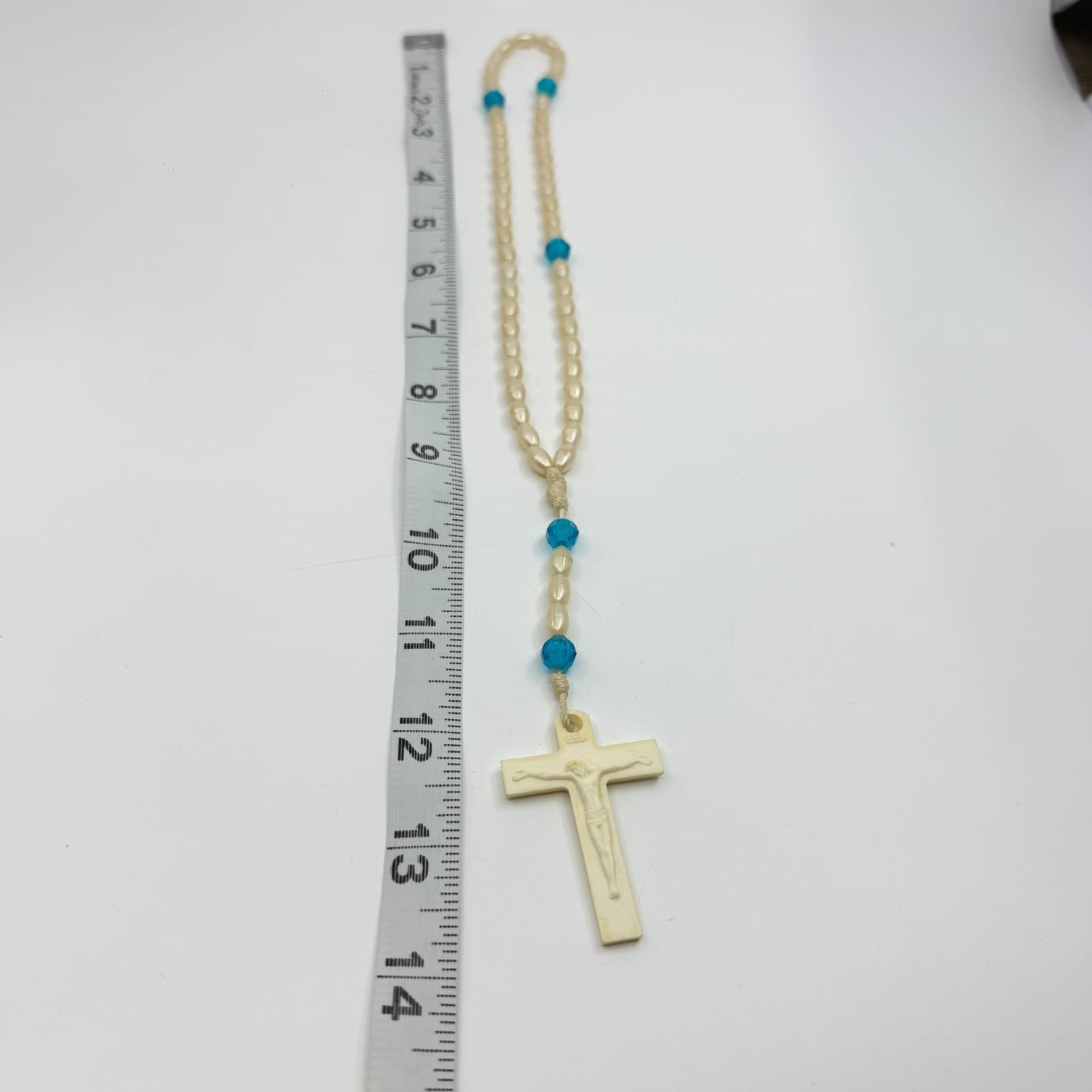 Vintage Style Rosary Necklace Faux Pearl Blue Beads Cream Crucifix Statement - Thumbnail 9
