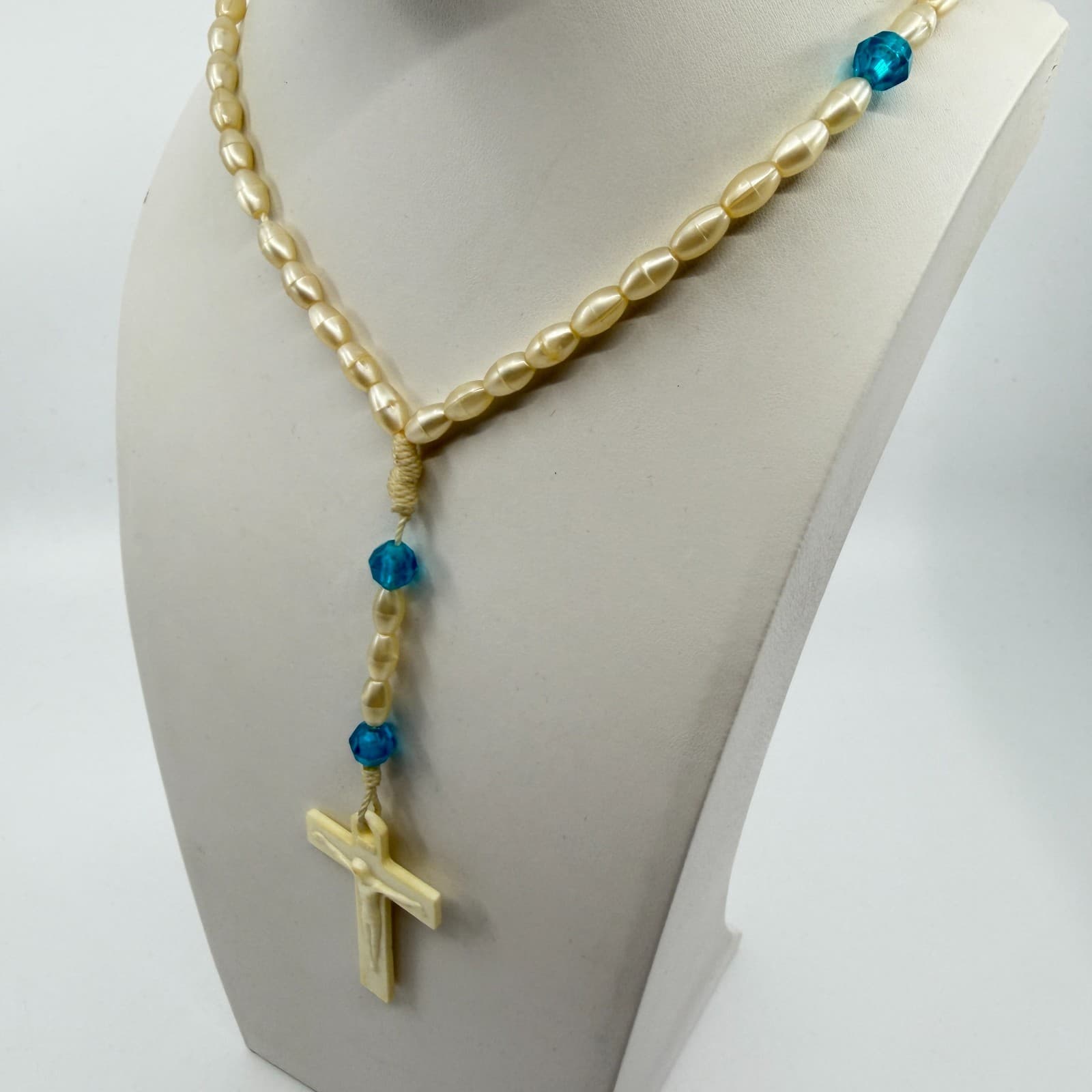 Vintage Style Rosary Necklace Faux Pearl Blue Beads Cream Crucifix Statement - Thumbnail 7