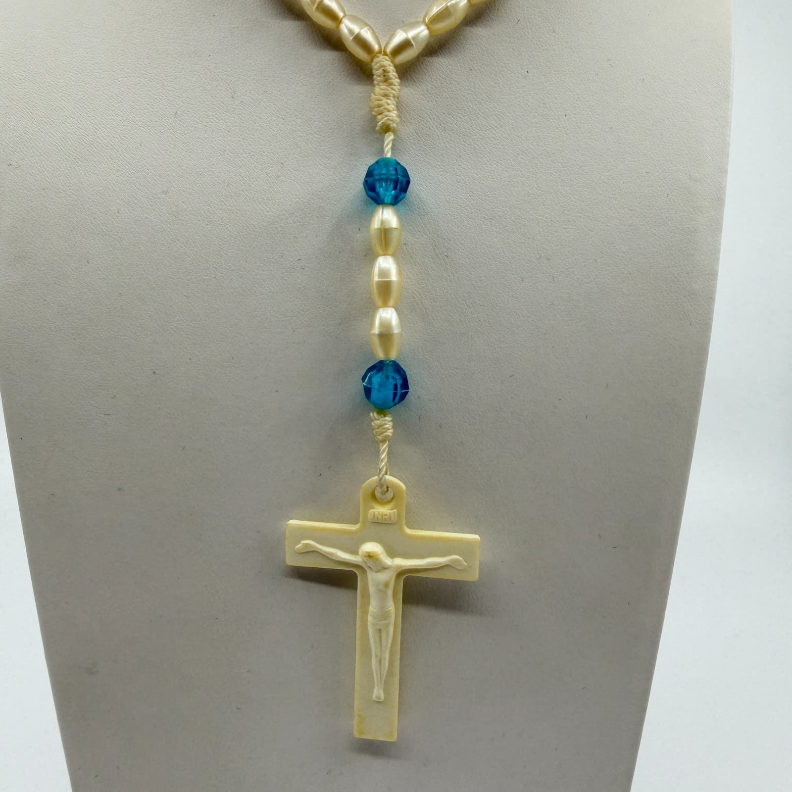Vintage Style Rosary Necklace Faux Pearl Blue Beads Cream Crucifix Statement - Thumbnail 2