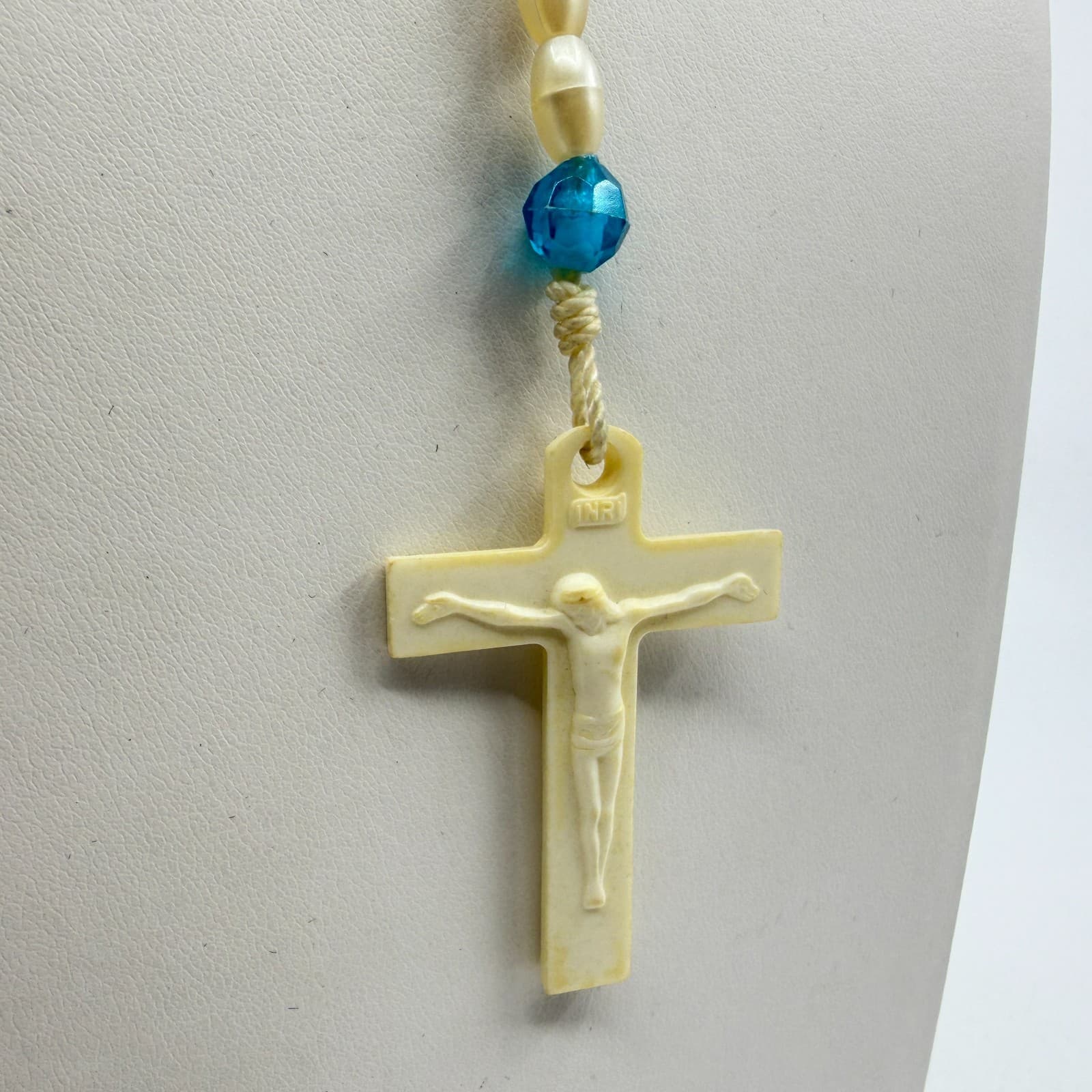 Vintage Style Rosary Necklace Faux Pearl Blue Beads Cream Crucifix Statement - Thumbnail 5