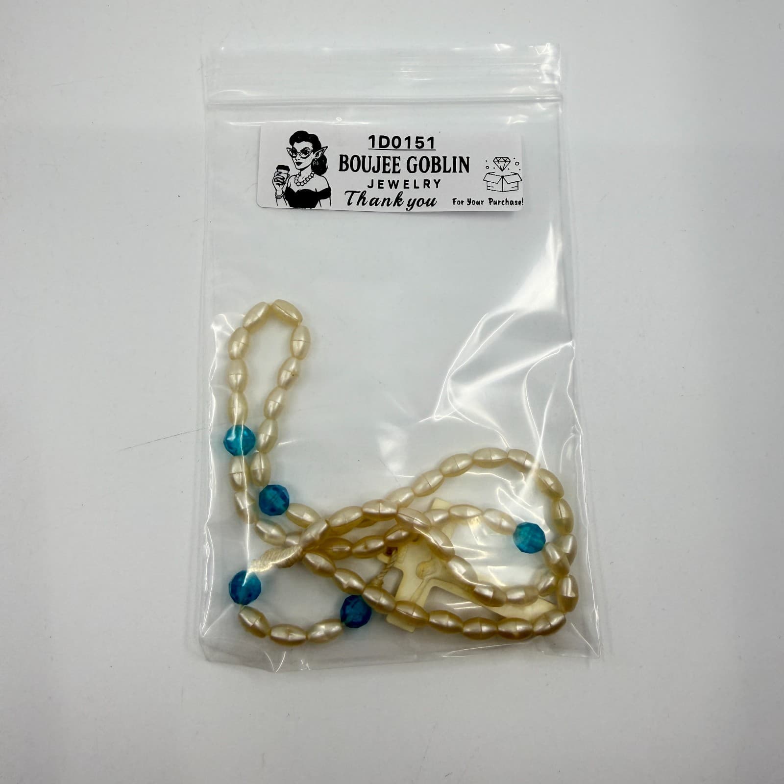 Vintage Style Rosary Necklace Faux Pearl Blue Beads Cream Crucifix Statement - Thumbnail 10
