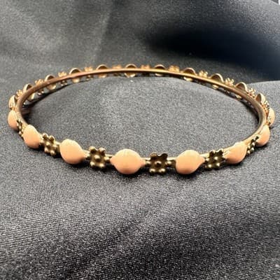 Vintage 80s Coral Cabochon Gold Tone Floral Bangle Bracelet Salmon Pink Jewelry - Thumbnail 7