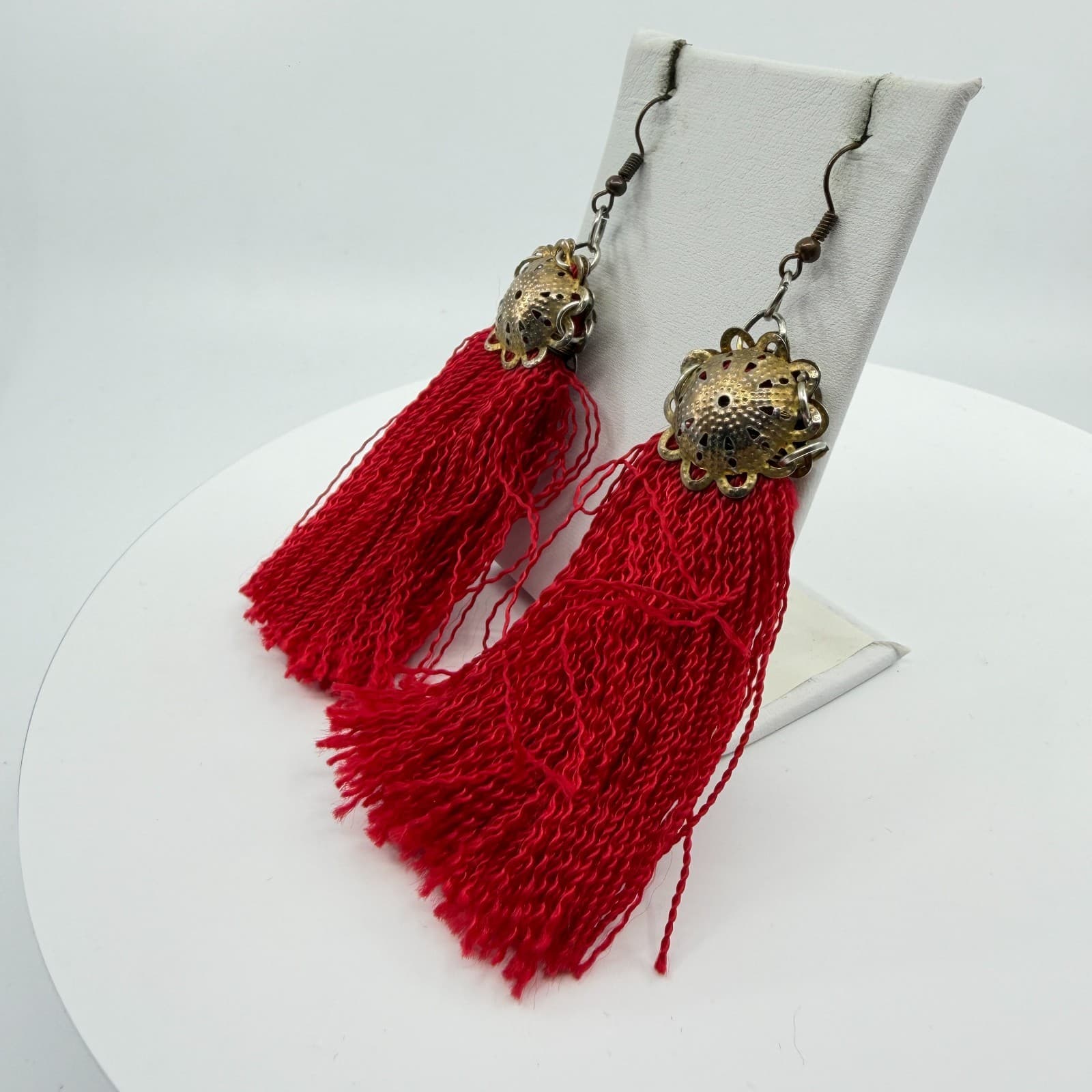 Bohemian Red Tassel Statement Earrings Filigree Metal Dangle Festival Boho Chic - Thumbnail 3