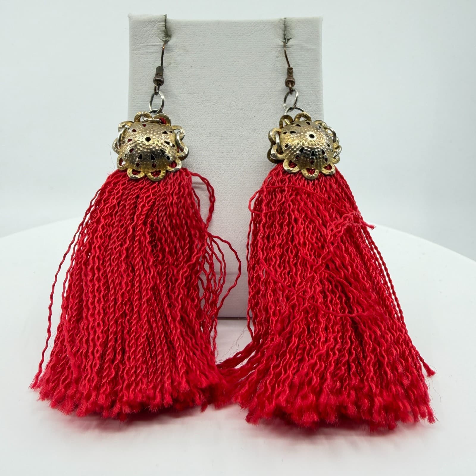 Bohemian Red Tassel Statement Earrings Filigree Metal Dangle Festival Boho Chic - Thumbnail 6