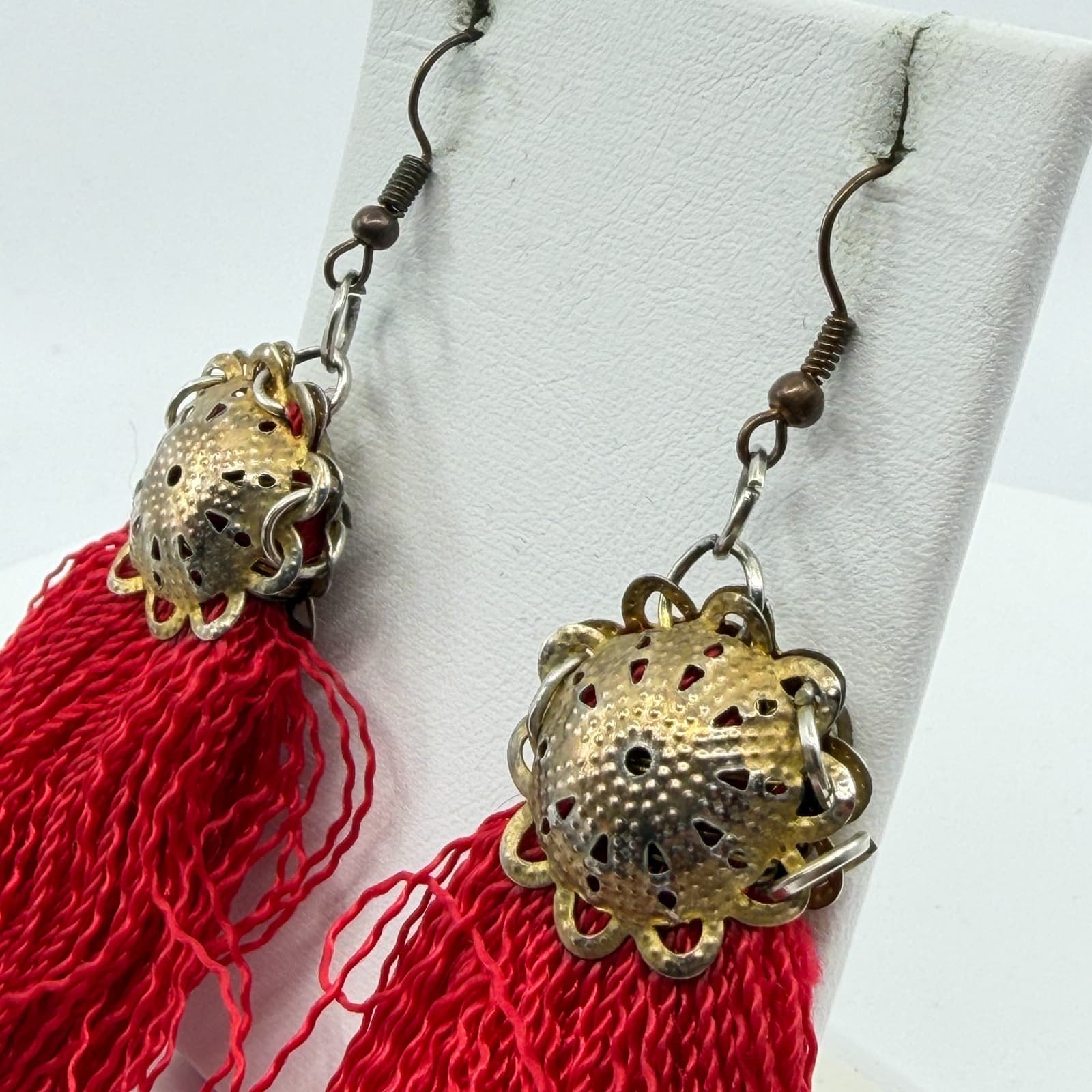 Bohemian Red Tassel Statement Earrings Filigree Metal Dangle Festival Boho Chic - Thumbnail 4