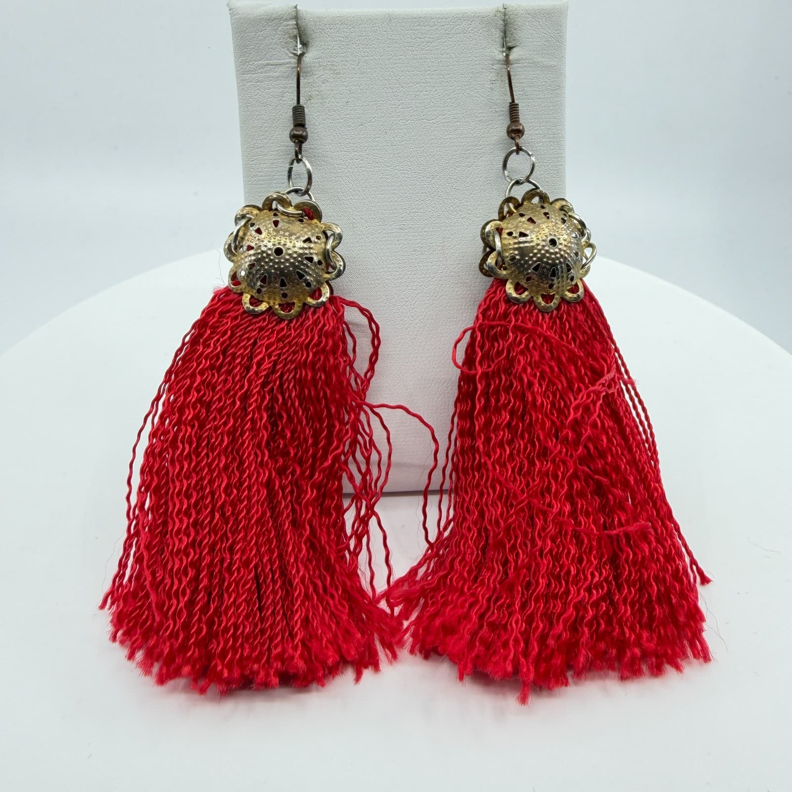 Bohemian Red Tassel Statement Earrings Filigree Metal Dangle Festival Boho Chic