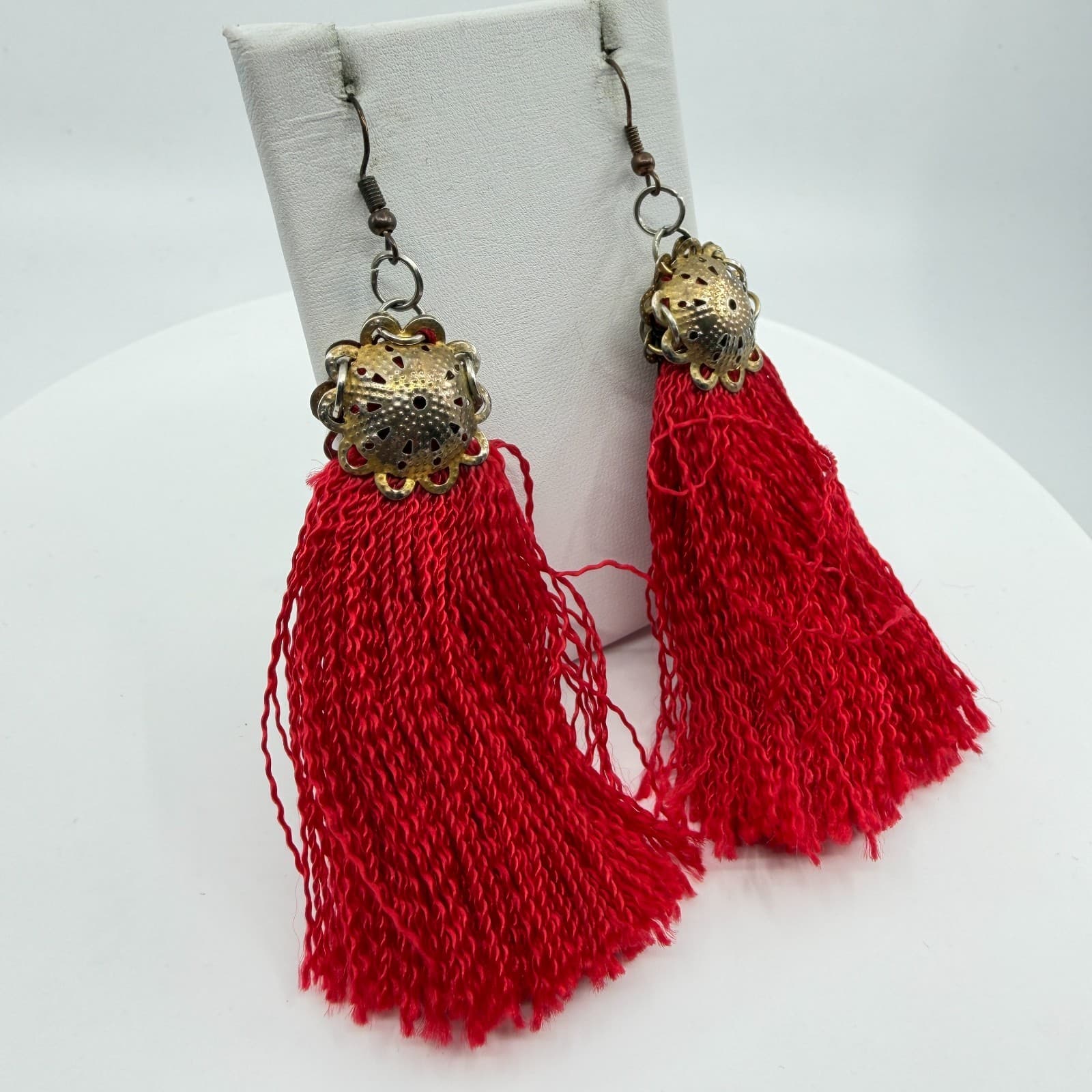 Bohemian Red Tassel Statement Earrings Filigree Metal Dangle Festival Boho Chic - Thumbnail 2