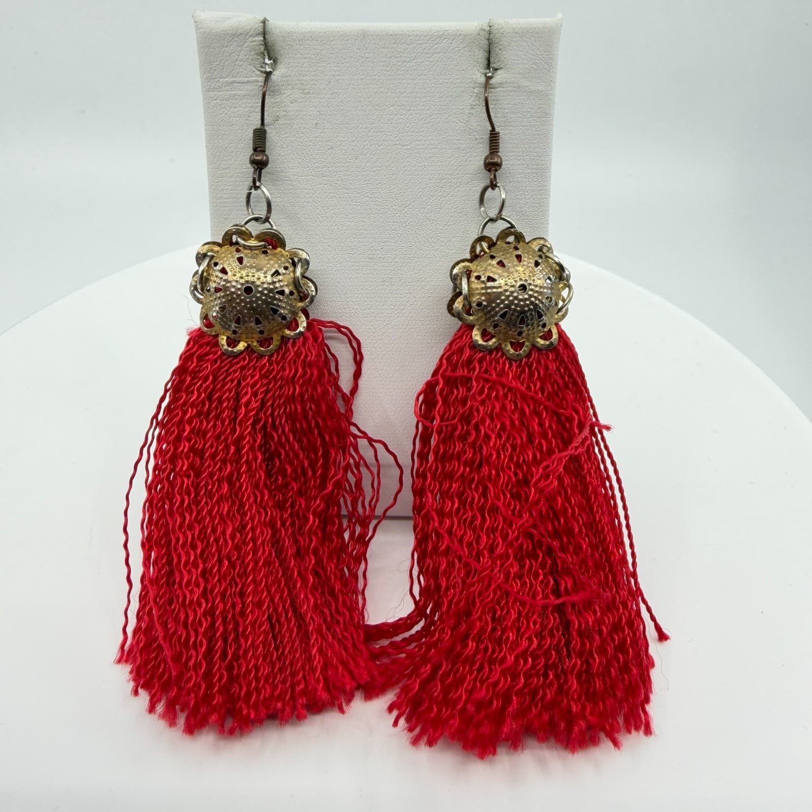Bohemian Red Tassel Statement Earrings Filigree Metal Dangle Festival Boho Chic - Thumbnail 5