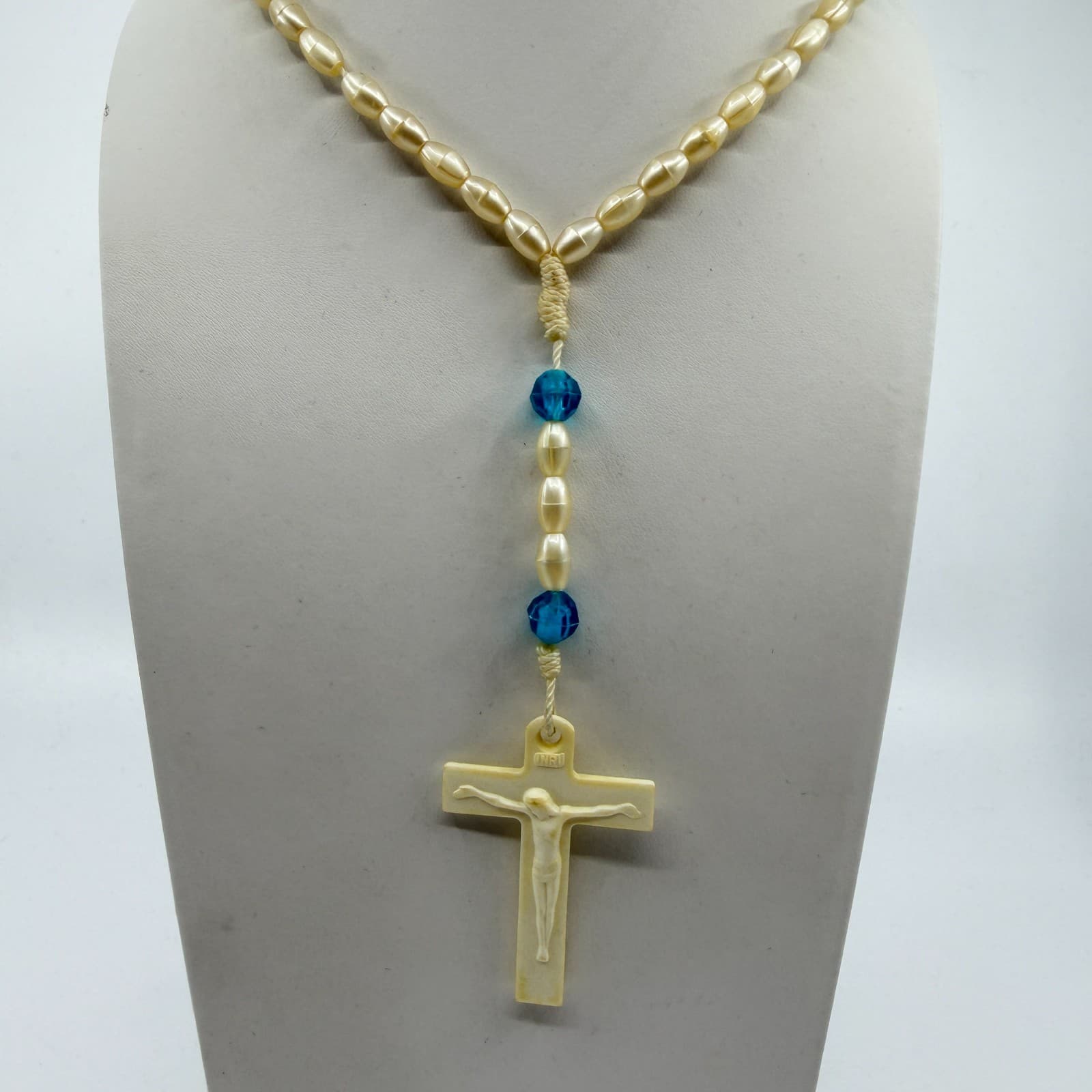 Vintage Style Rosary Necklace Faux Pearl Blue Beads Cream Crucifix Statement - Thumbnail 3