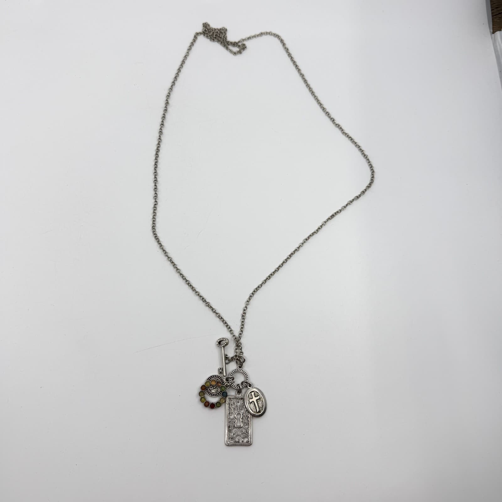 Multi-Color Stone Filigree Key Charm Pendant Necklace Statement Layering Piece - Thumbnail 9