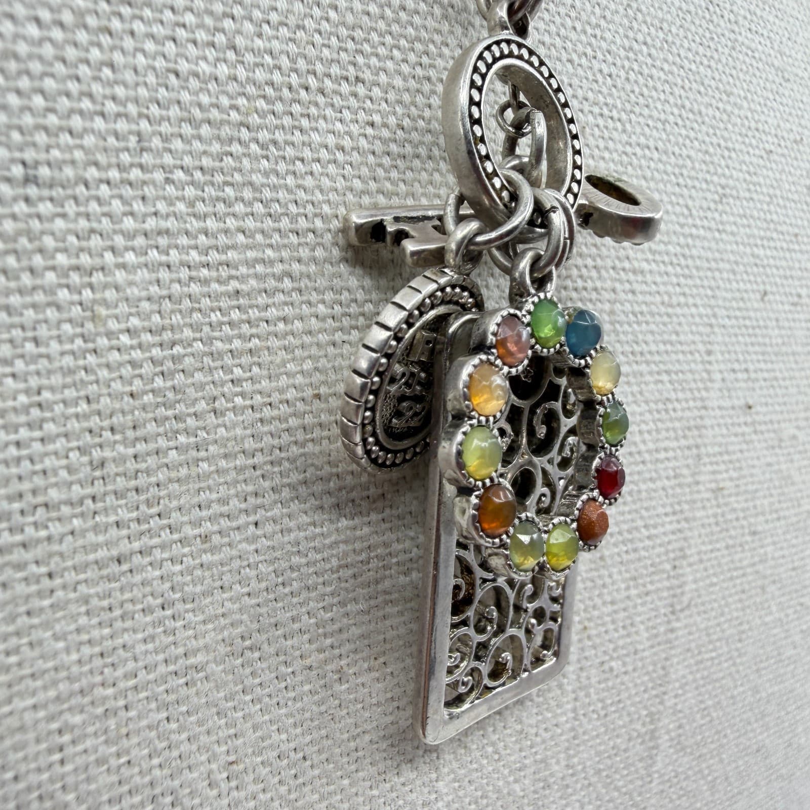 Multi-Color Stone Filigree Key Charm Pendant Necklace Statement Layering Piece - Thumbnail 4