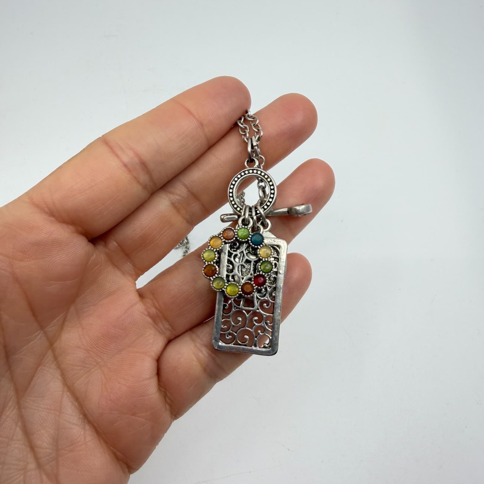 Multi-Color Stone Filigree Key Charm Pendant Necklace Statement Layering Piece - Thumbnail 8