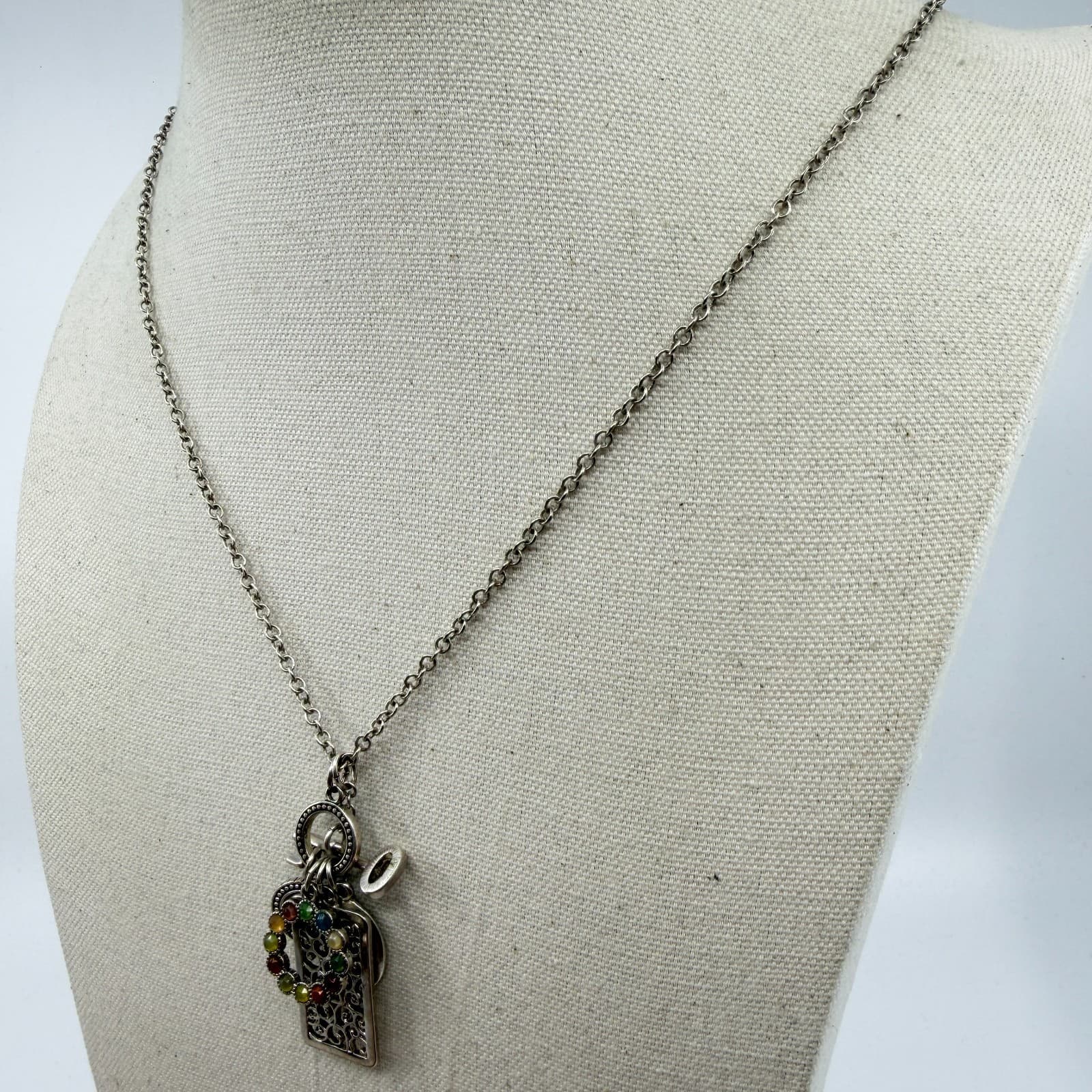 Multi-Color Stone Filigree Key Charm Pendant Necklace Statement Layering Piece - Thumbnail 6