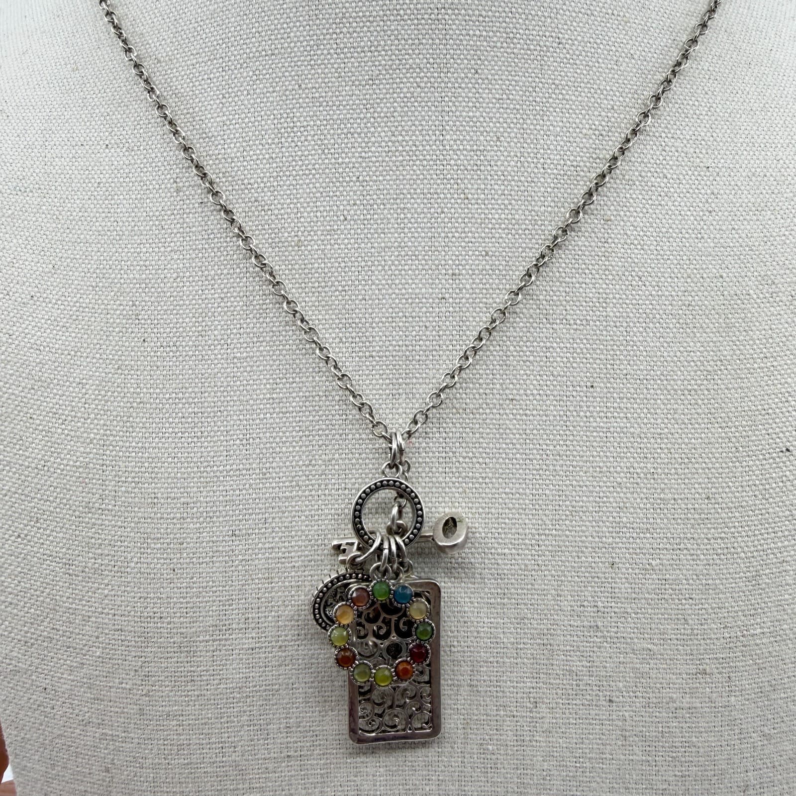 Multi-Color Stone Filigree Key Charm Pendant Necklace Statement Layering Piece - Thumbnail 3