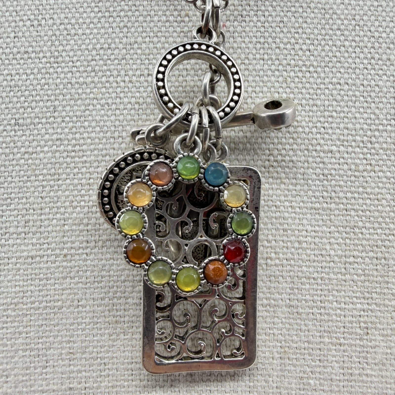 Multi-Color Stone Filigree Key Charm Pendant Necklace Statement Layering Piece - Thumbnail 2