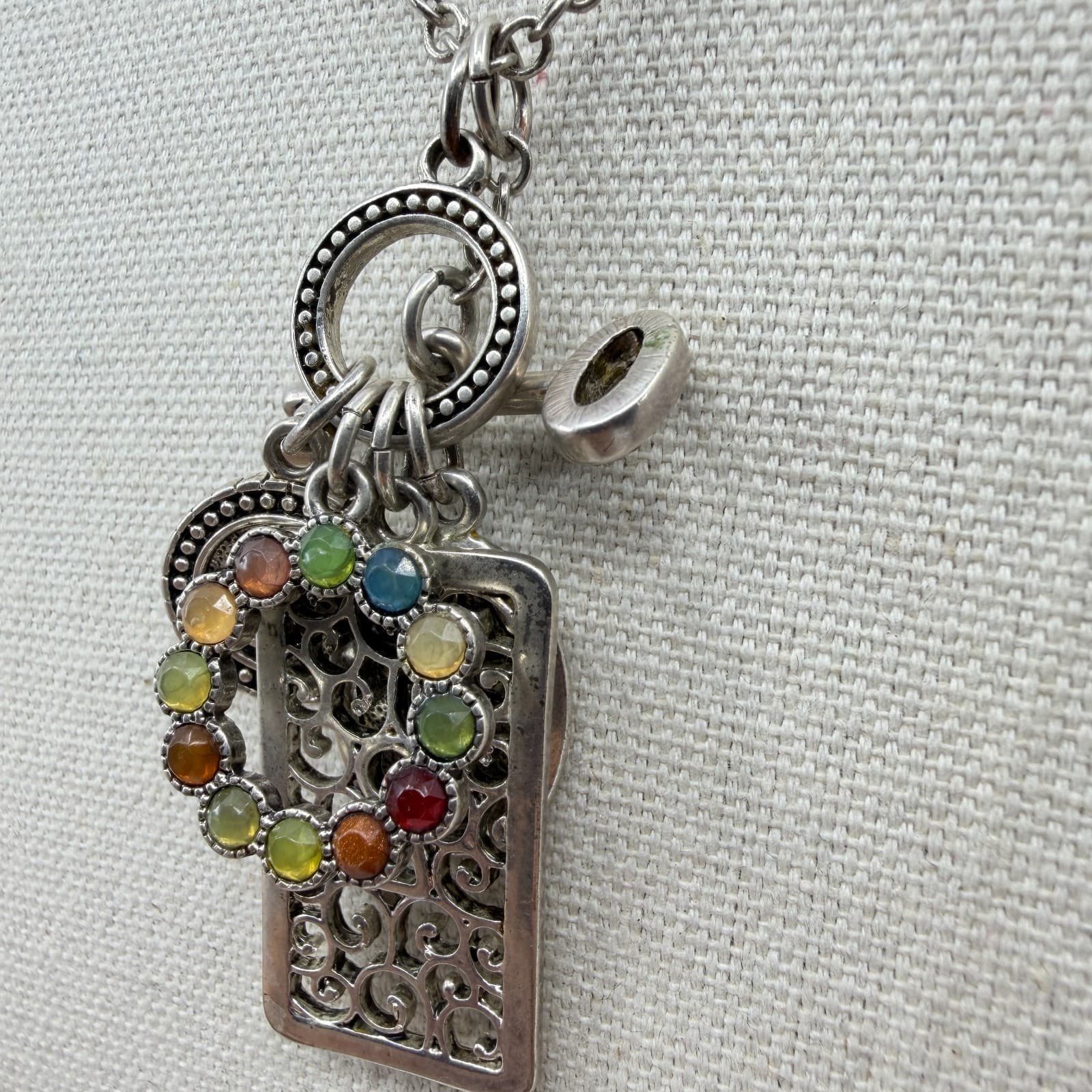 Multi-Color Stone Filigree Key Charm Pendant Necklace Statement Layering Piece - Thumbnail 5
