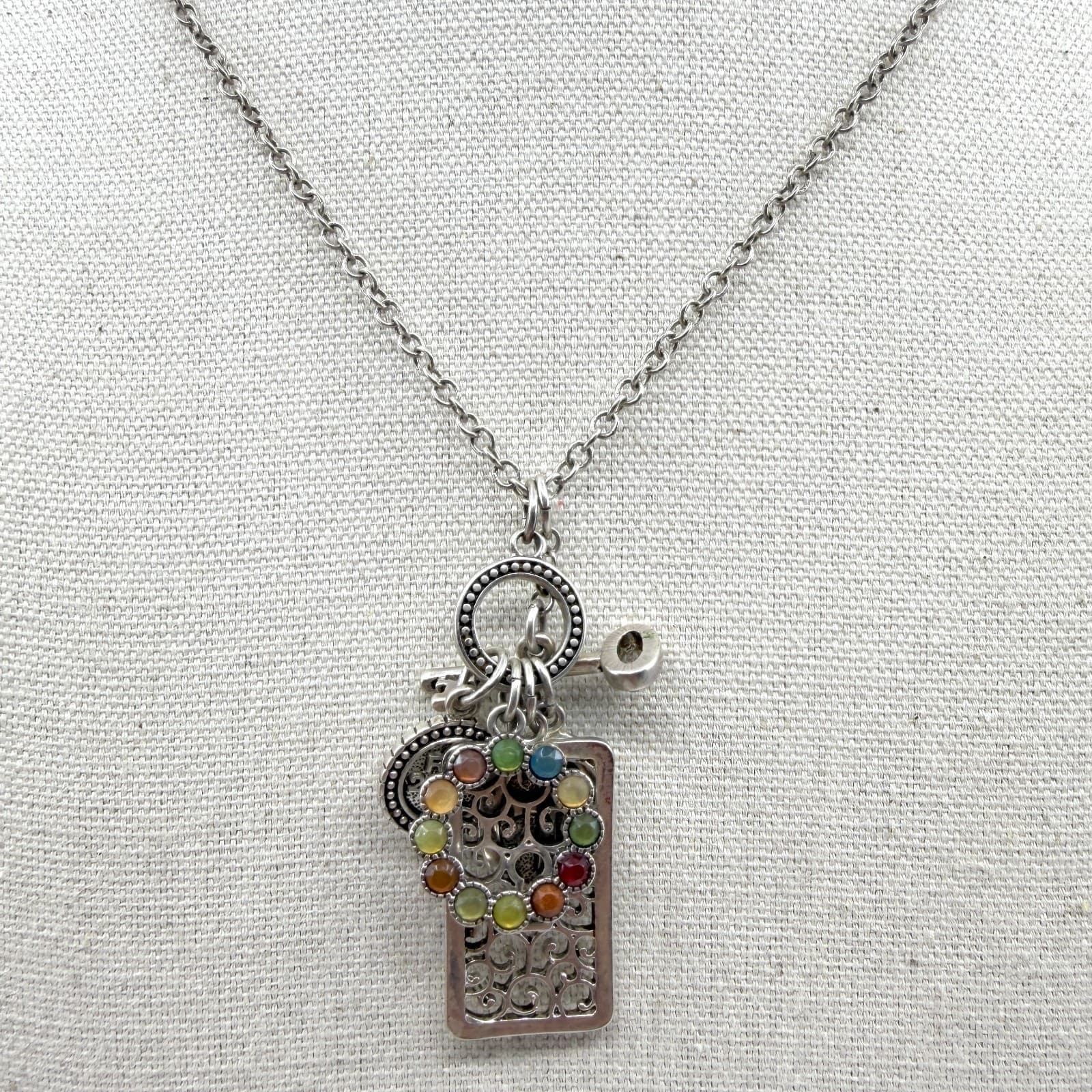 Multi-Color Stone Filigree Key Charm Pendant Necklace Statement Layering Piece