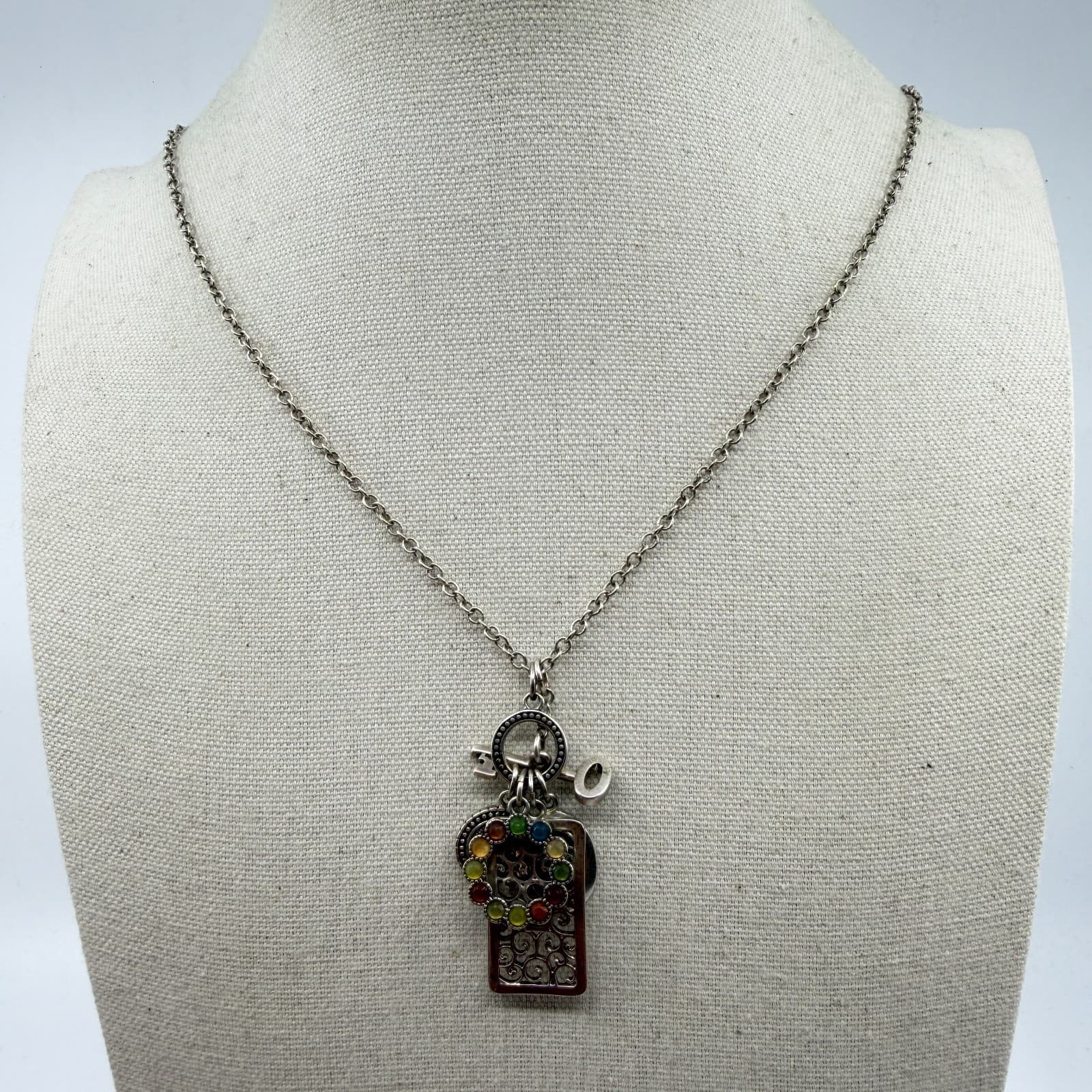 Multi-Color Stone Filigree Key Charm Pendant Necklace Statement Layering Piece - Thumbnail 7