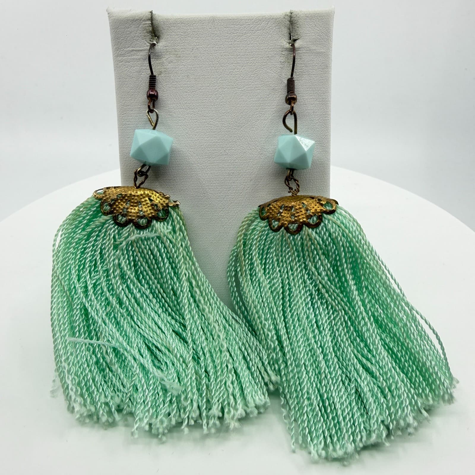 Boho Mint Green Tassel Earrings Statement Dangle Gold Tone Filigree Festival