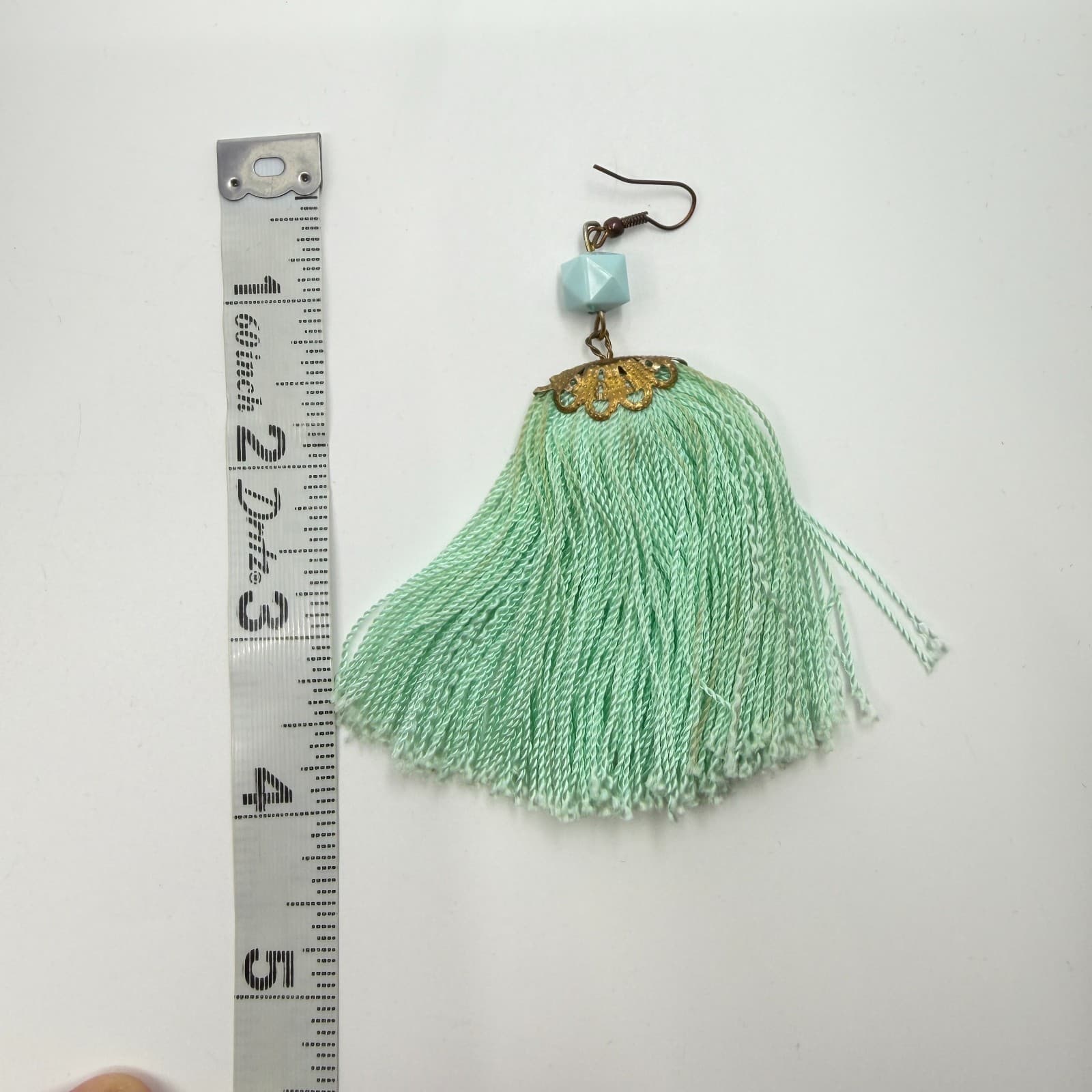 Boho Mint Green Tassel Earrings Statement Dangle Gold Tone Filigree Festival - Thumbnail 7