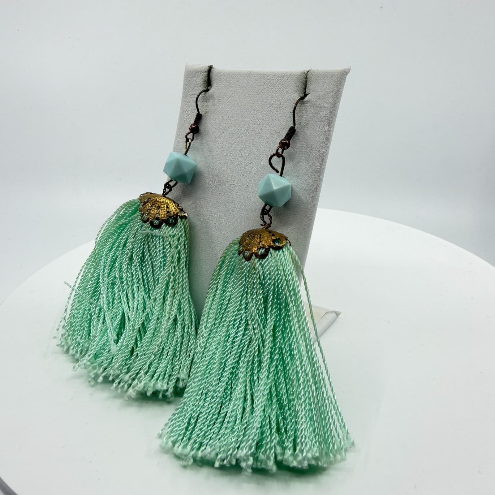 Boho Mint Green Tassel Earrings Statement Dangle Gold Tone Filigree Festival - Thumbnail 5