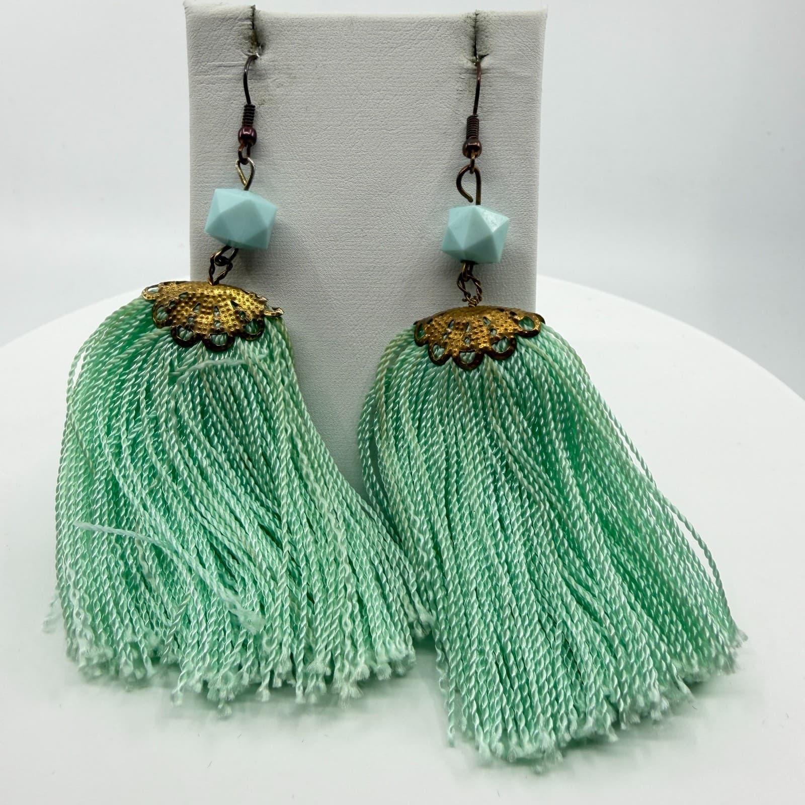 Boho Mint Green Tassel Earrings Statement Dangle Gold Tone Filigree Festival - Thumbnail 6