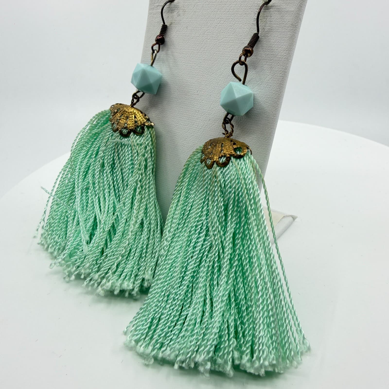 Boho Mint Green Tassel Earrings Statement Dangle Gold Tone Filigree Festival - Thumbnail 4