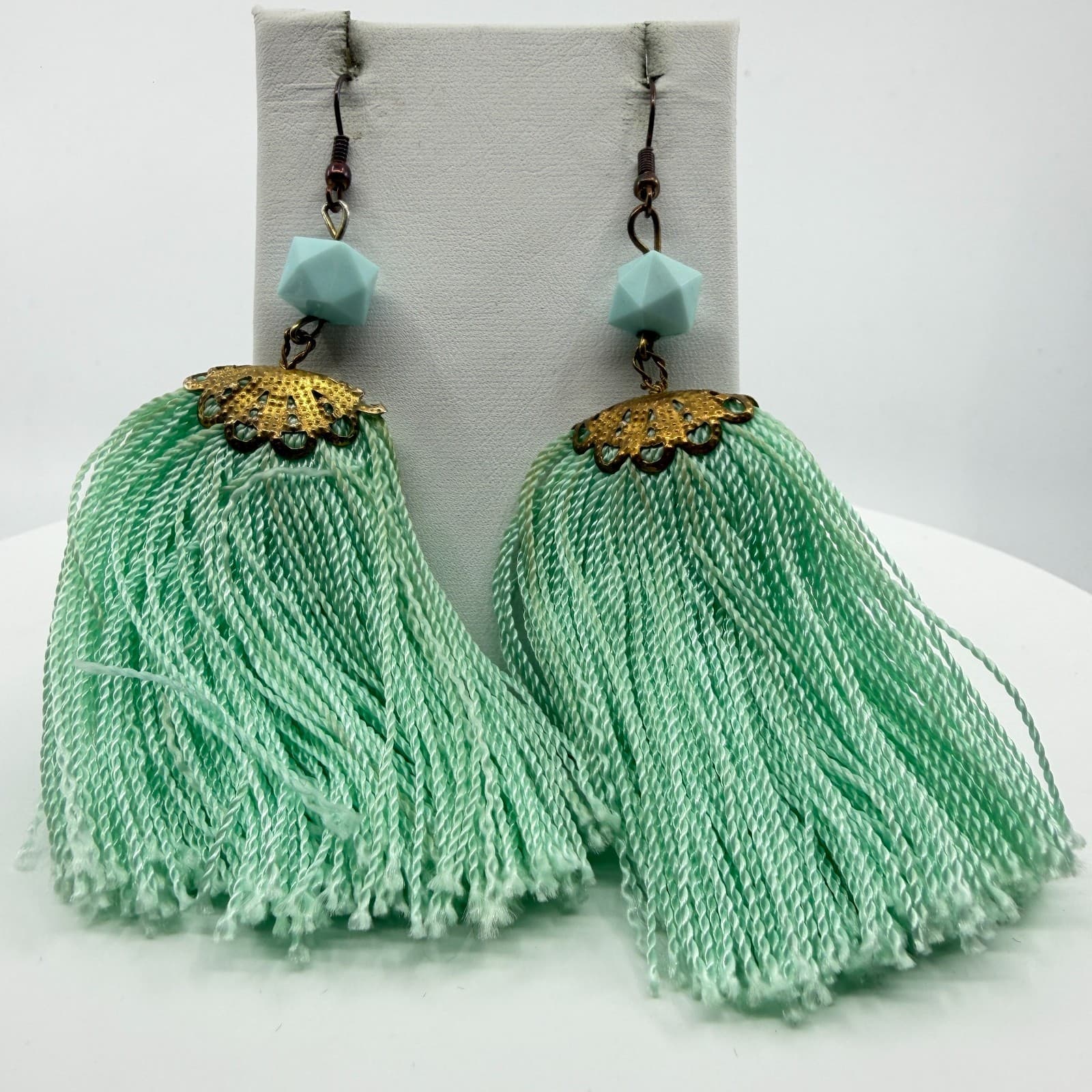 Boho Mint Green Tassel Earrings Statement Dangle Gold Tone Filigree Festival - Thumbnail 2