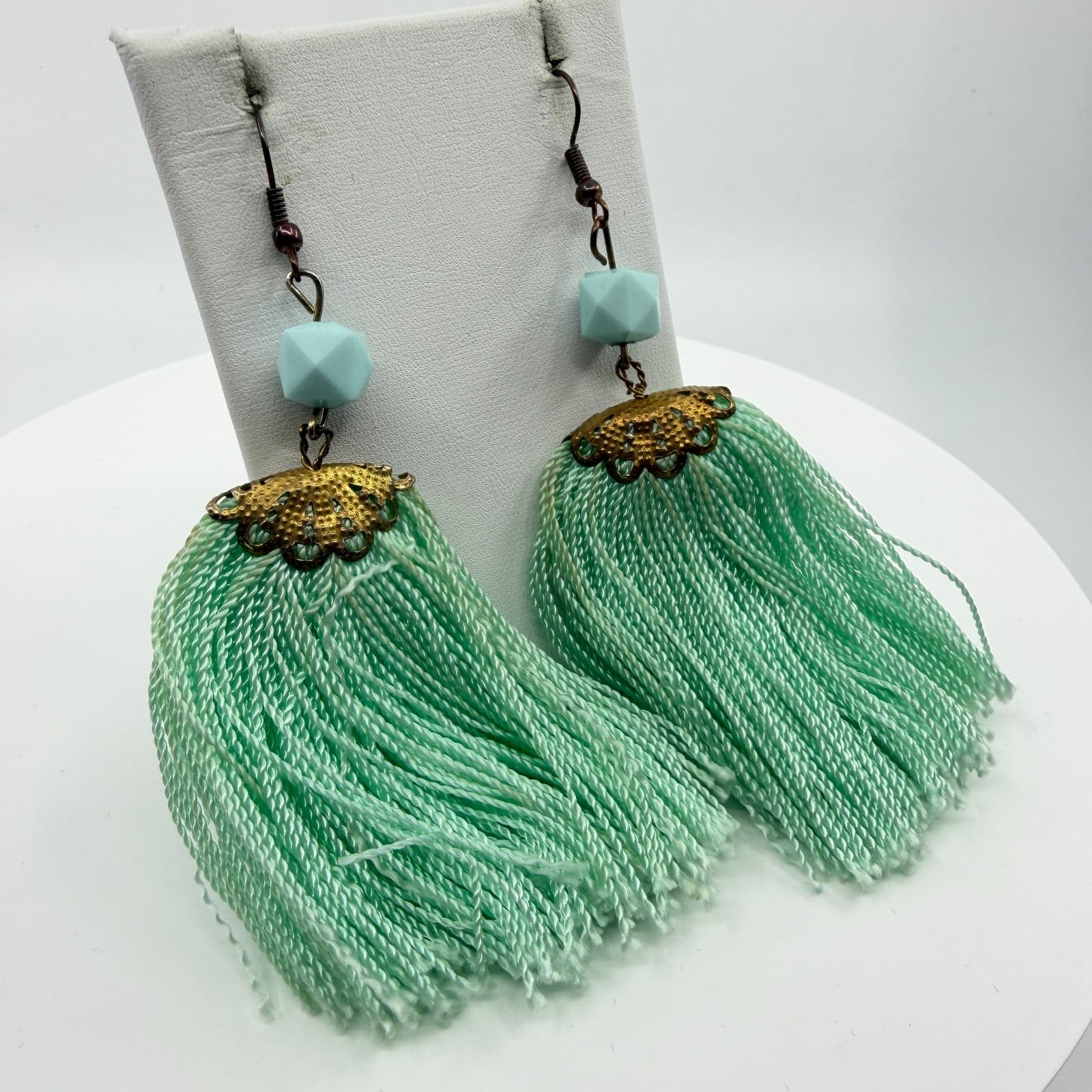 Boho Mint Green Tassel Earrings Statement Dangle Gold Tone Filigree Festival - Thumbnail 3