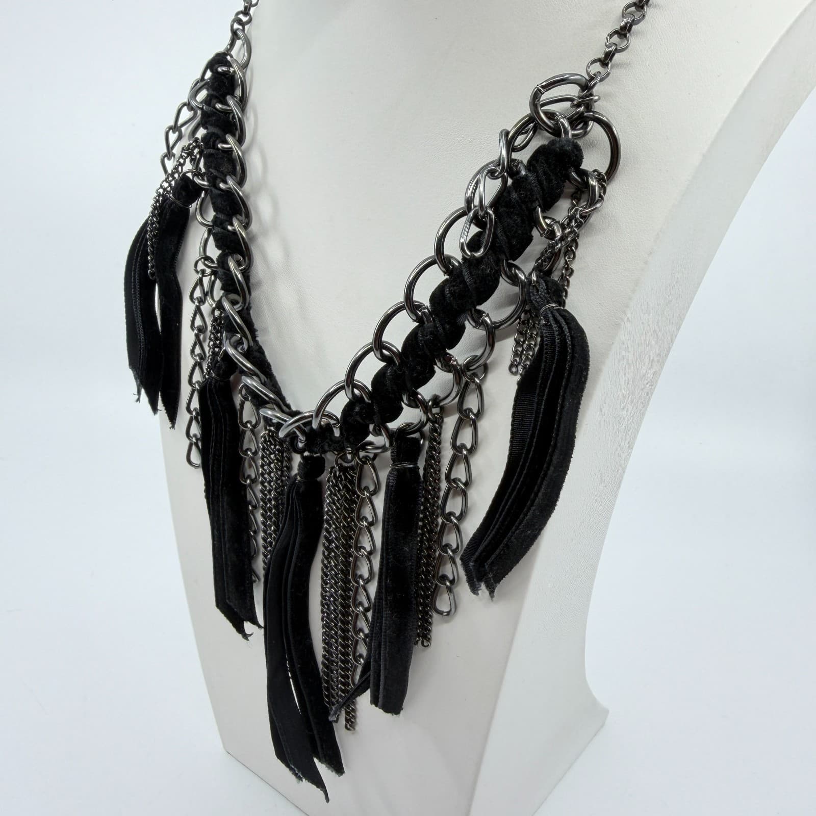 Gothic Statement Chain Necklace Velvet Ribbon Fringe Boho Festival Layering - Thumbnail 5