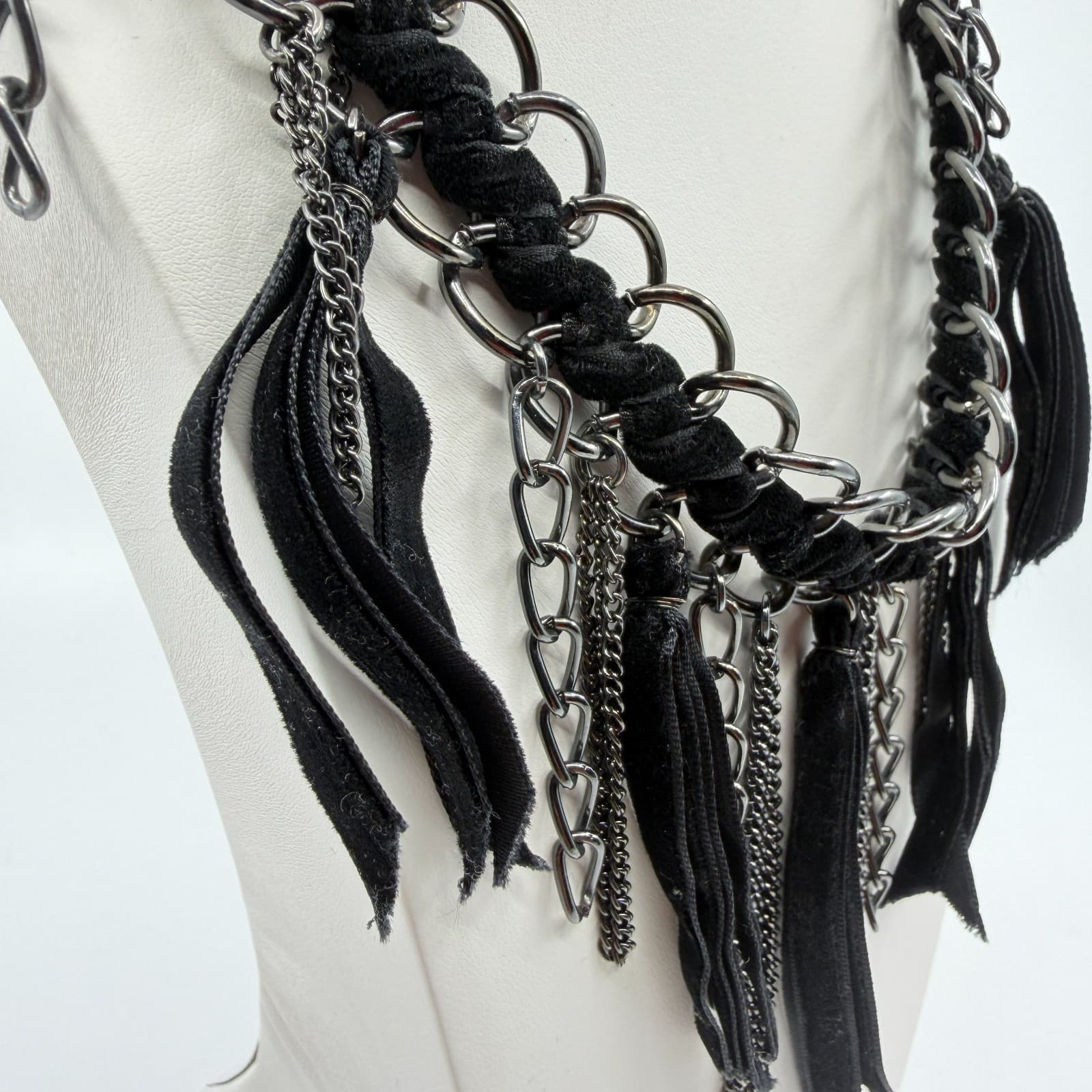 Gothic Statement Chain Necklace Velvet Ribbon Fringe Boho Festival Layering - Thumbnail 2