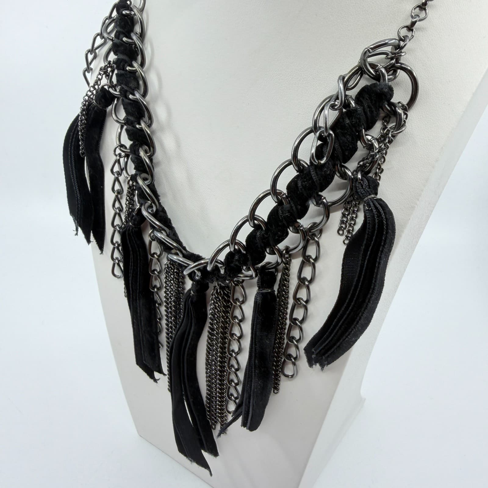 Gothic Statement Chain Necklace Velvet Ribbon Fringe Boho Festival Layering - Thumbnail 4