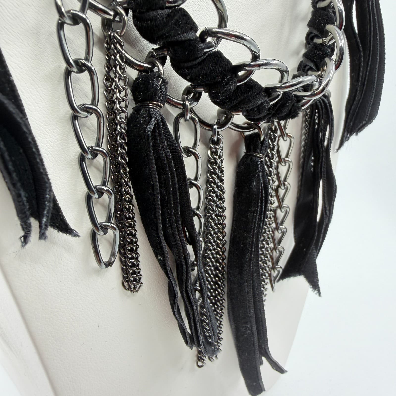 Gothic Statement Chain Necklace Velvet Ribbon Fringe Boho Festival Layering - Thumbnail 3