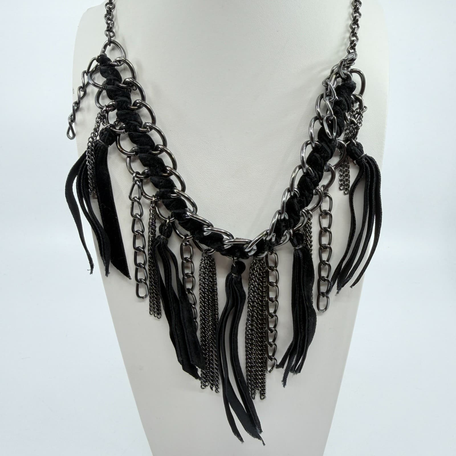Gothic Statement Chain Necklace Velvet Ribbon Fringe Boho Festival Layering - Thumbnail 6