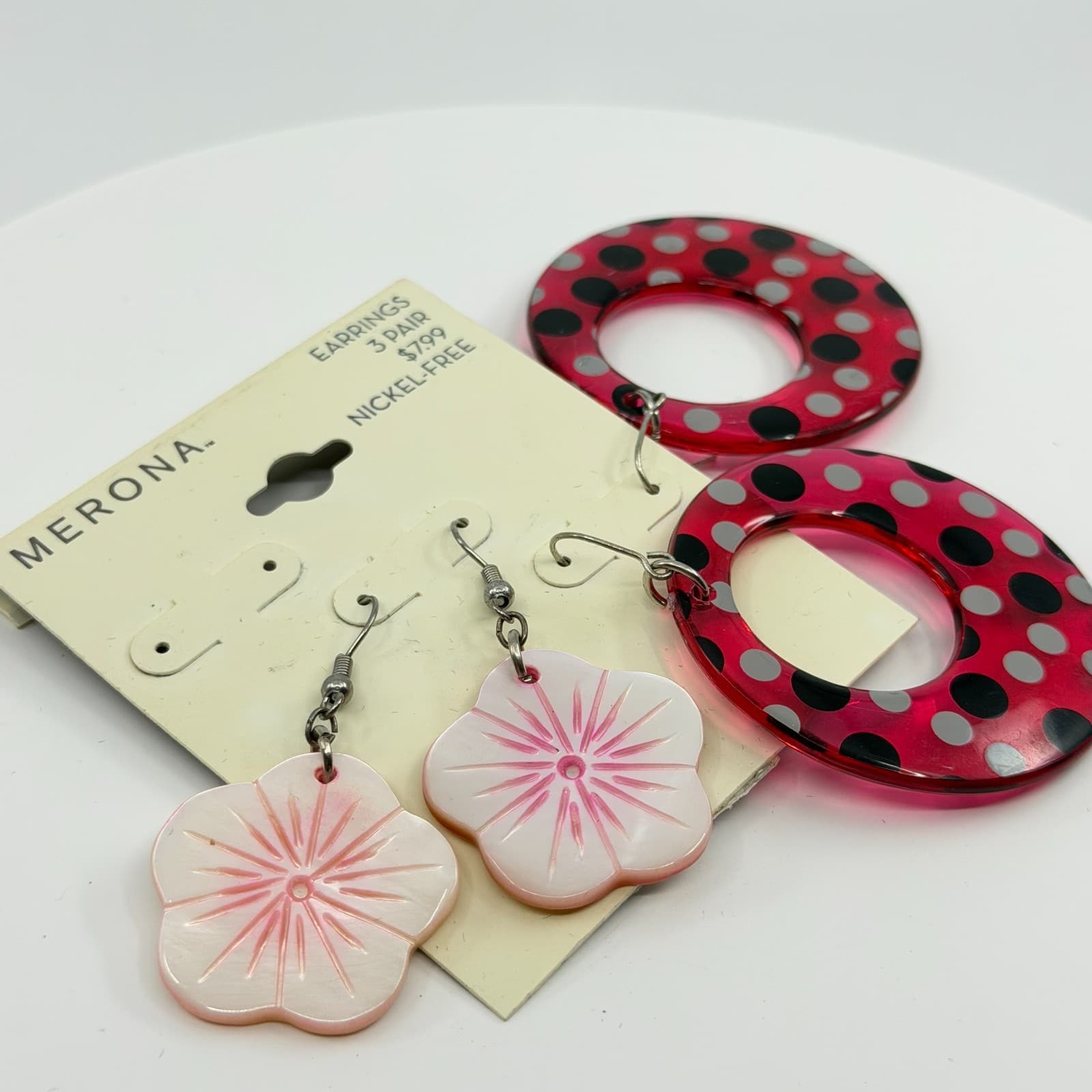 Merona Fun Retro Polka Dot & Floral Dangle Earrings Set Statement Boho Gift Y2K - Thumbnail 2