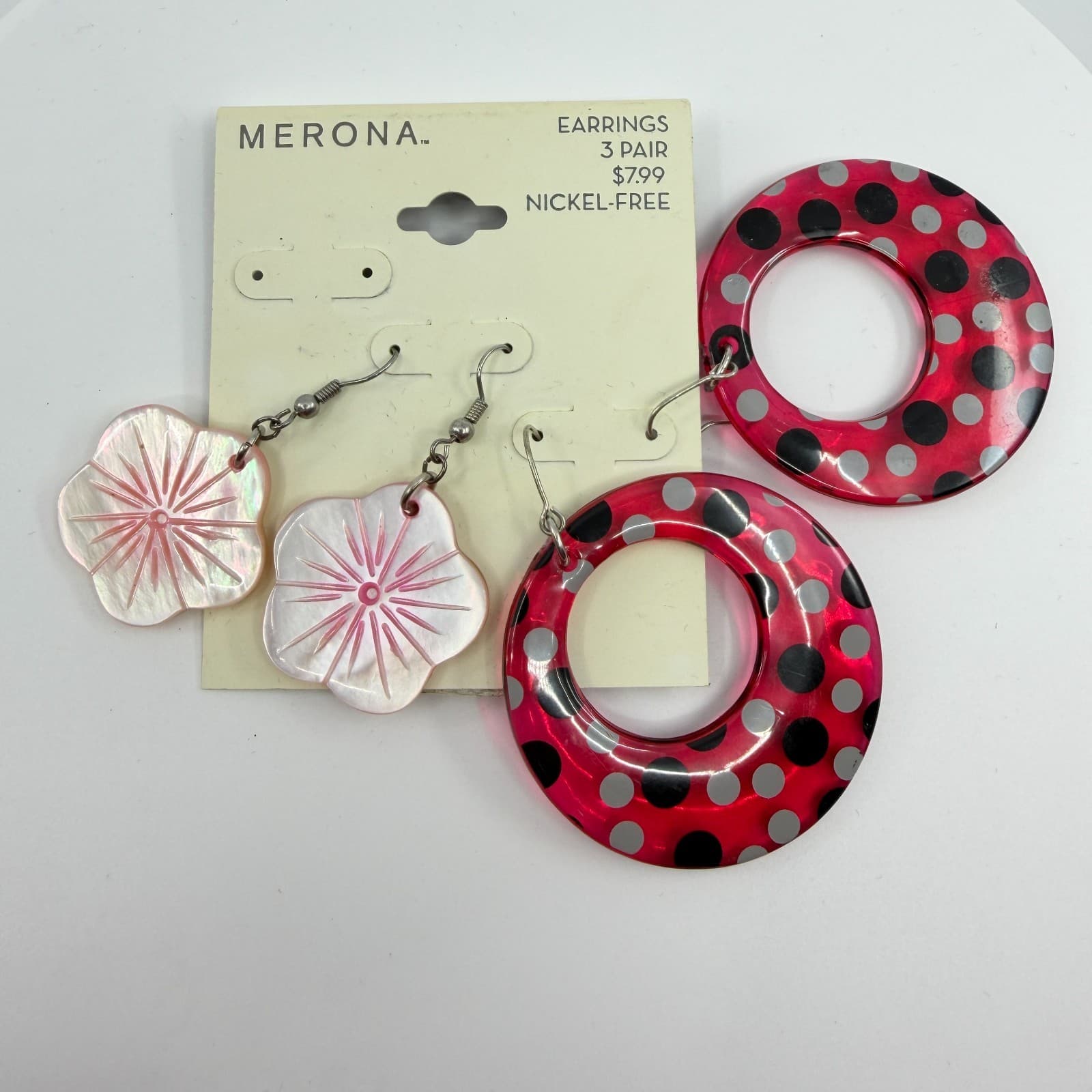 Merona Fun Retro Polka Dot & Floral Dangle Earrings Set Statement Boho Gift Y2K