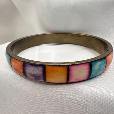 Vintage Y2K Brass Tone Hand Painted Box Pattern Bracelet Boho Women's Jewelry - Thumbnail 2