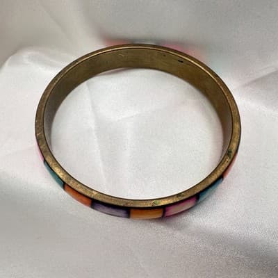 Vintage Y2K Brass Tone Hand Painted Box Pattern Bracelet Boho Women's Jewelry - Thumbnail 3