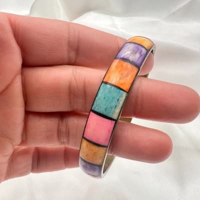 Vintage Y2K Brass Tone Hand Painted Box Pattern Bracelet Boho Women's Jewelry - Thumbnail 8