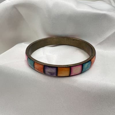 Vintage Y2K Brass Tone Hand Painted Box Pattern Bracelet Boho Women's Jewelry - Thumbnail 4