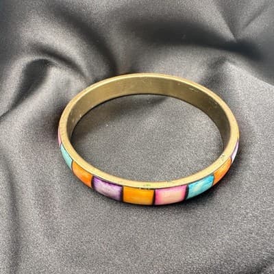 Vintage Y2K Brass Tone Hand Painted Box Pattern Bracelet Boho Women's Jewelry - Thumbnail 6